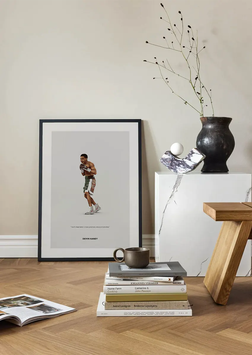 Minimalist boxing art print featuring Devin Haney in green and beige shorts