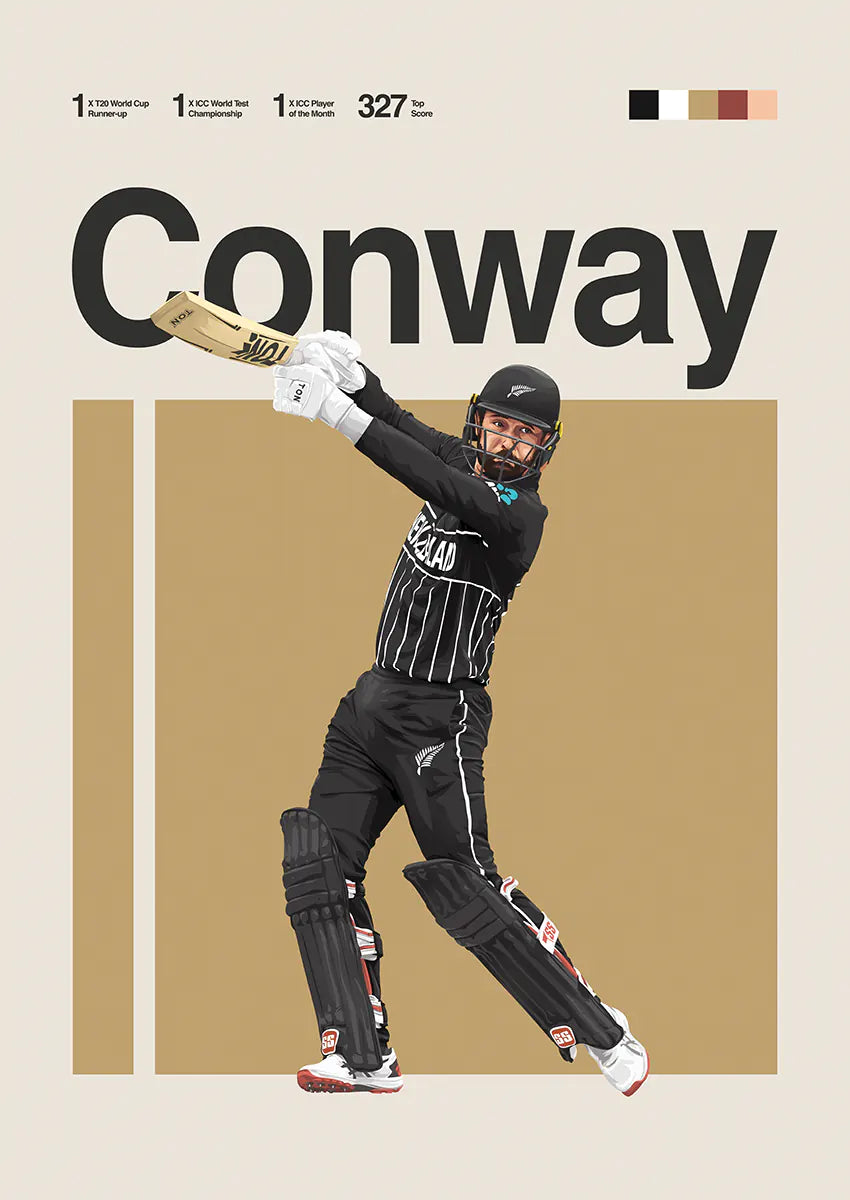 Devon Conway cricket poster in New Zealand black kit
