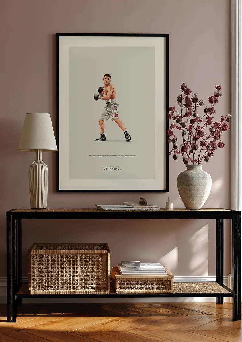 Minimalist sports wall art featuring boxer Dmitry Bivol in silver gear