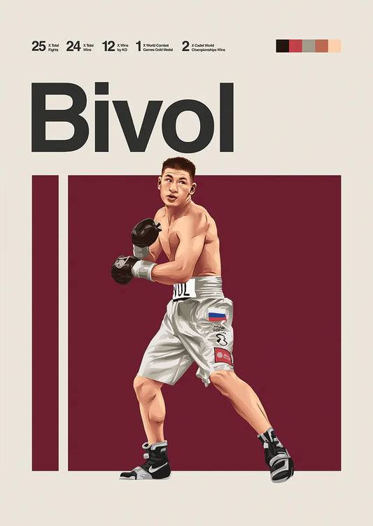 Dmitry Bivol poster in boxing stance with neutral background