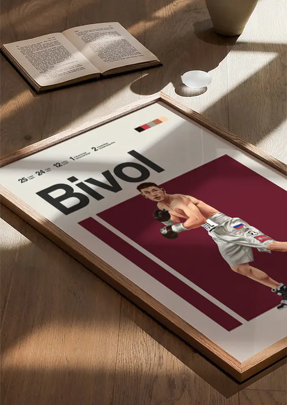 Illustrated Dmitry Bivol wall art for sports fans and collectors