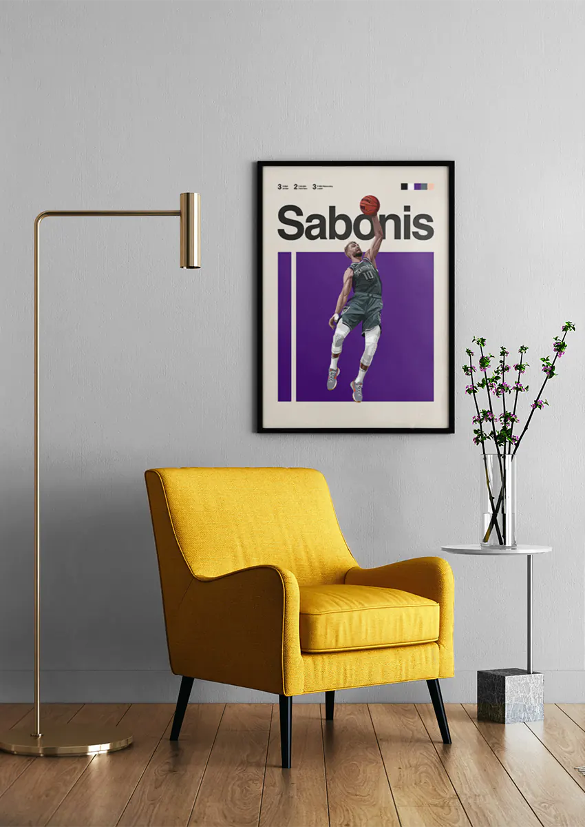 NBA artwork of Domantas Sabonis mid-air basketball dunk