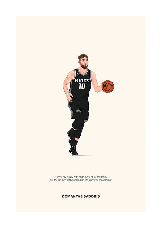 Domantas Sabonis basketball poster in black Kings jersey with inspirational quote