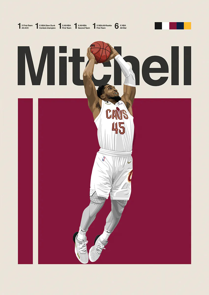 Donovan Mitchell dunking poster in Cleveland Cavaliers uniform