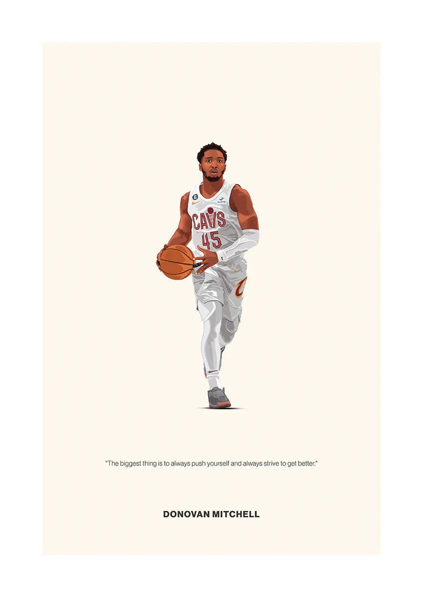 Donovan Mitchell basketball poster in white Cavaliers jersey with motivational quote