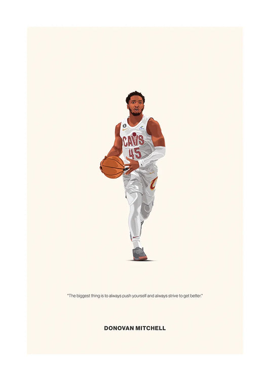 Donovan Mitchell basketball poster in white Cavaliers jersey with motivational quote