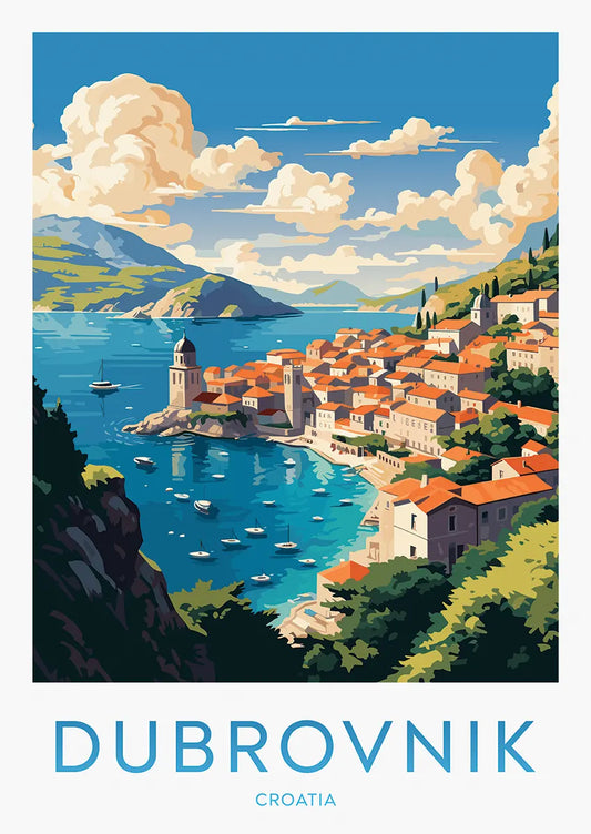 Dubrovnik Croatia poster with boats in Adriatic Sea