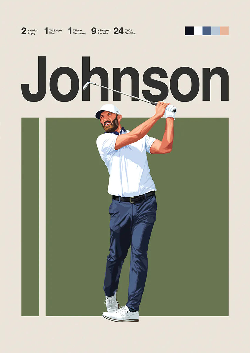 Dustin Johnson poster showing golf swing with clean modern backdrop