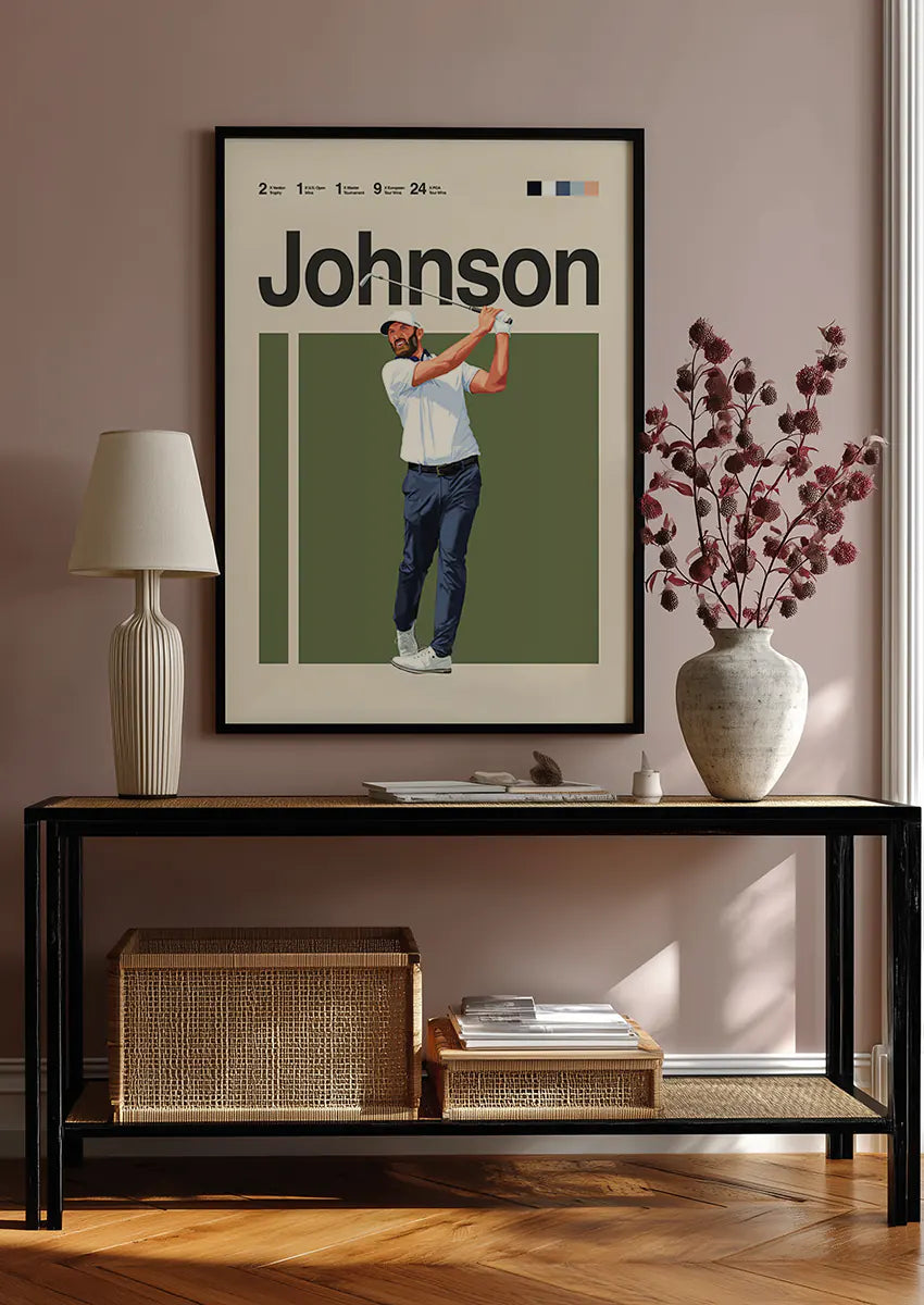 golf wall art featuring Dustin Johnson mid-swing in white shirt and dark pants