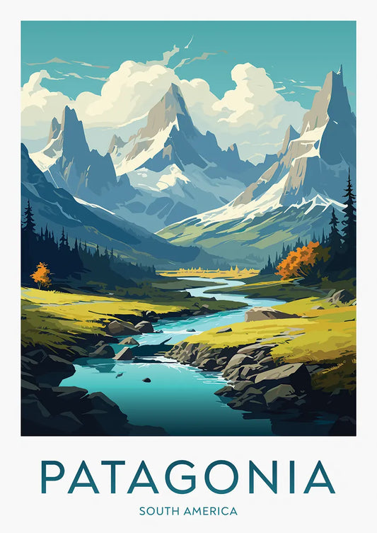 Patagonia travel poster with turquoise river and jagged mountain peaks