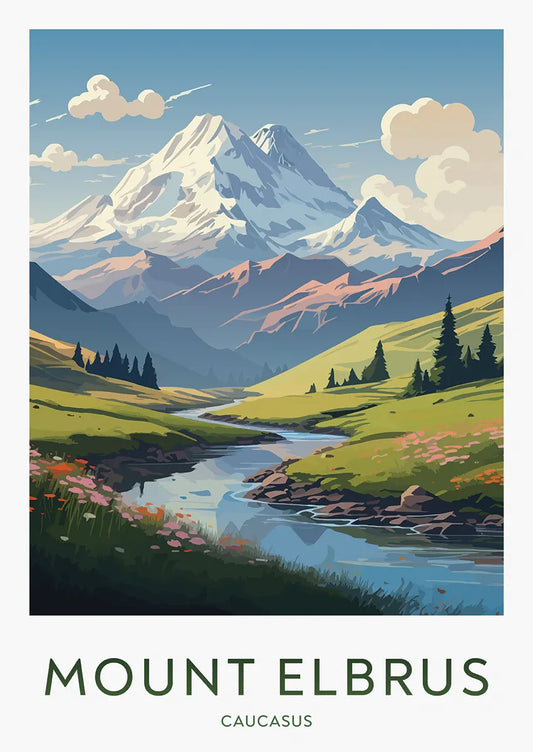 mount elbrus poster with snowcapped peaks and alpine meadow