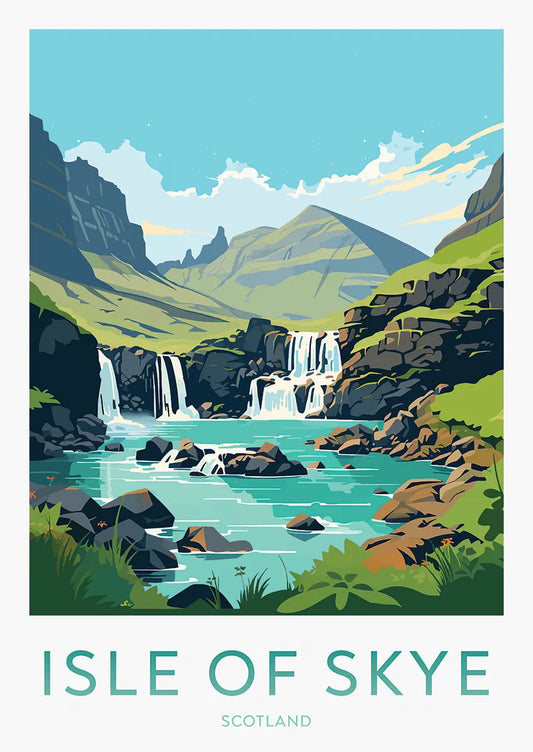 Isle of Skye poster with Fairy Pools and mountain scenery