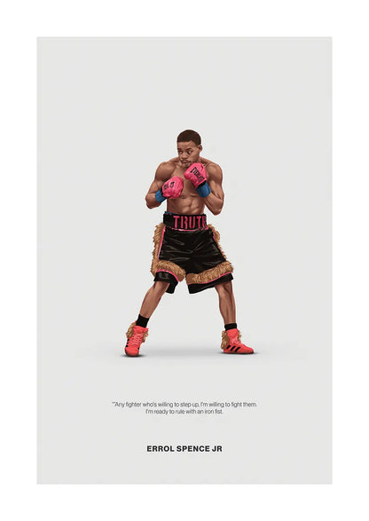 Errol Spence Jr boxing poster with bold pink gloves and fierce stance
