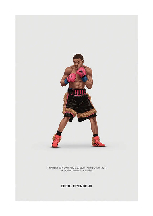 Errol Spence Jr boxing poster with bold pink gloves and fierce stance