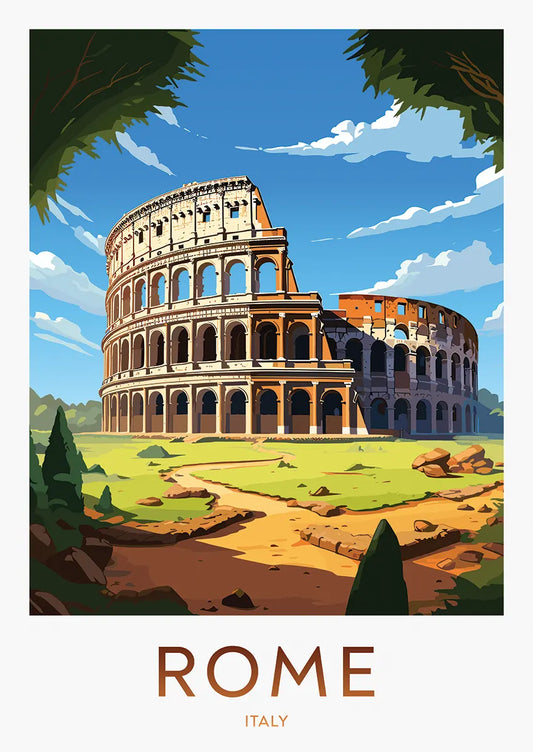 Rome Italy travel poster featuring the Colosseum under blue sky