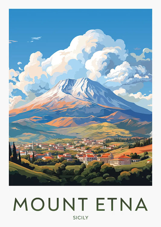 mount etna poster with volcano above sicilian countryside