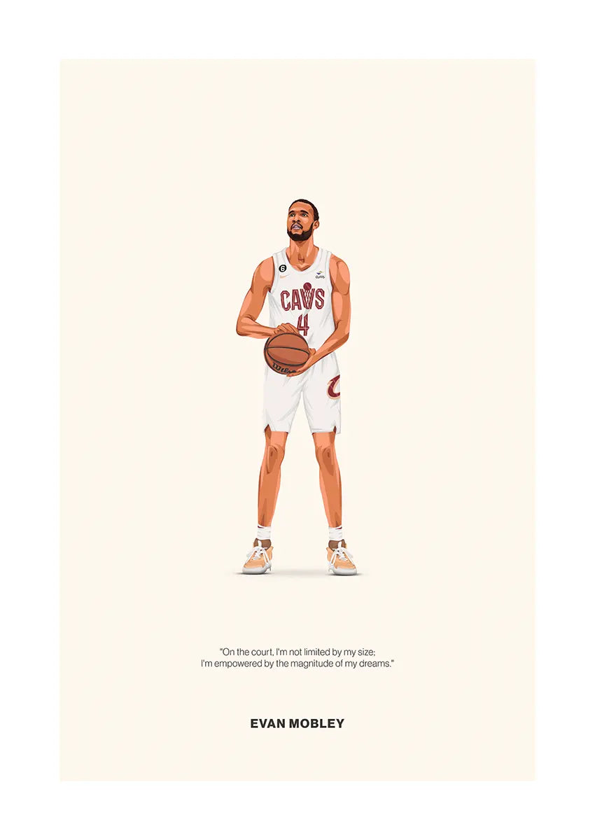 Evan Mobley basketball poster in white Cavaliers jersey with inspirational quote