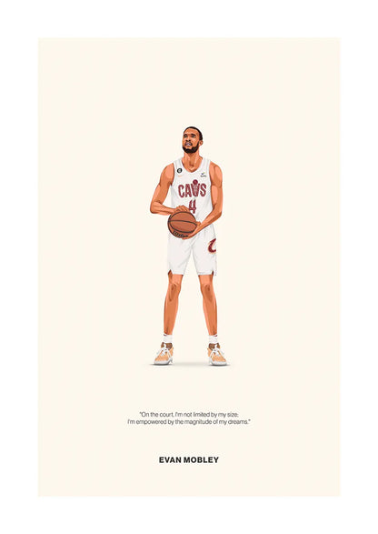 Evan Mobley basketball poster in white Cavaliers jersey with inspirational quote