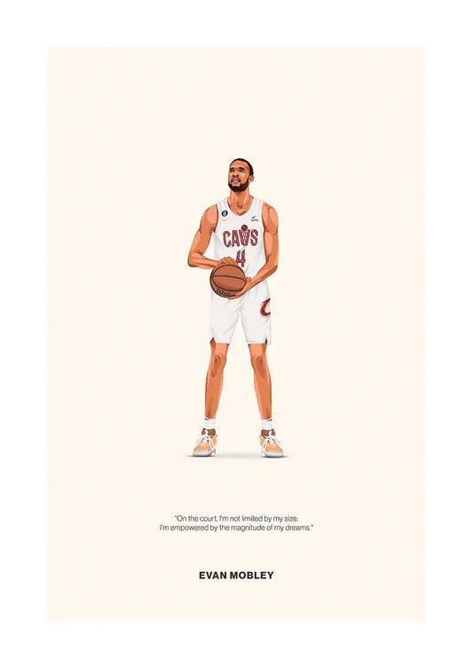 Evan Mobley basketball poster in white Cavaliers jersey with inspirational quote