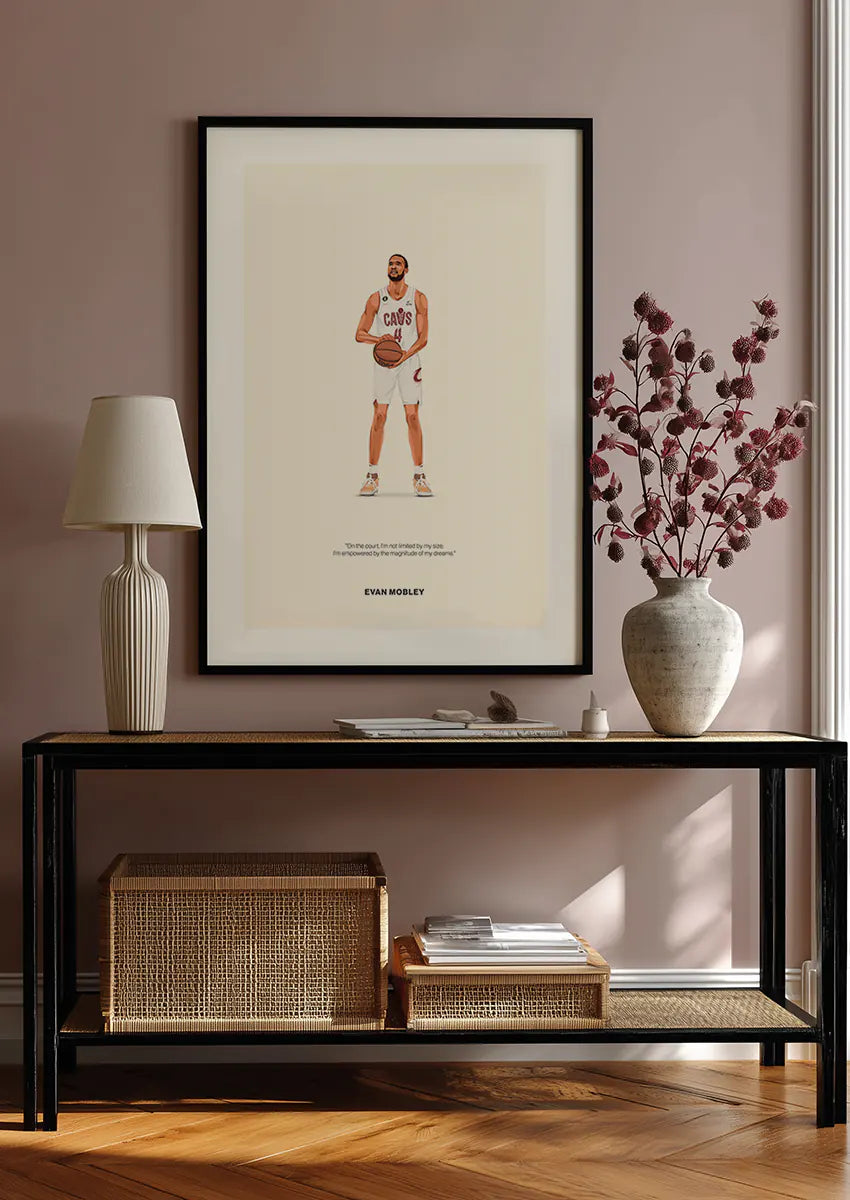 NBA wall art print featuring Evan Mobley standing confidently in minimalist style