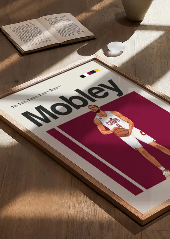 Modern sports art print with Evan Mobley in white uniform