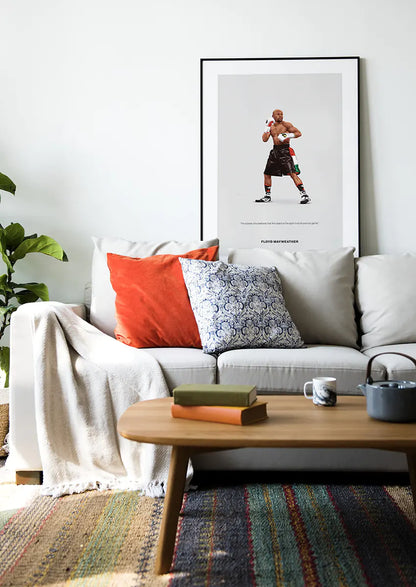 Minimalist wall art of Floyd Mayweather with strategic boxing quote