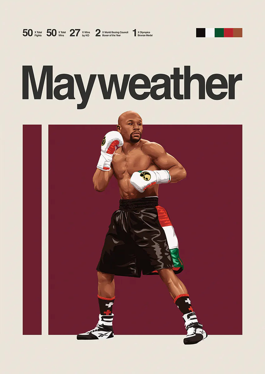 Floyd Mayweather poster featuring boxing stance on maroon background