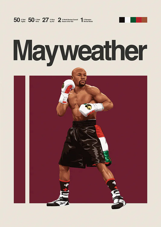 Floyd Mayweather poster featuring boxing stance on maroon background