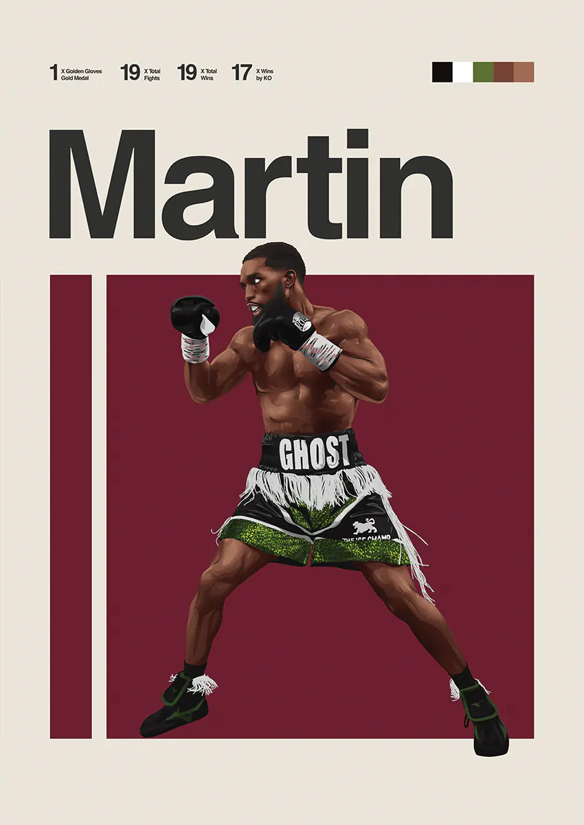 Frank Martin poster featuring boxing stance in black and green shorts