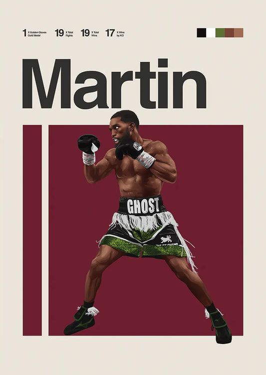 Frank Martin poster featuring boxing stance in black and green shorts