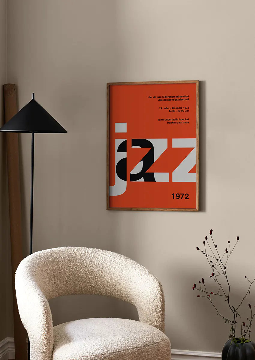 bold jazz typography wall art in red and black