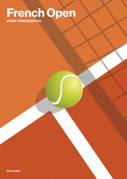 french open tennis poster with clay court and tennis ball