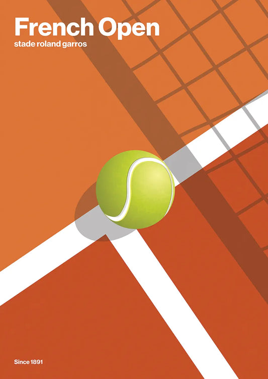 french open tennis poster with clay court and tennis ball
