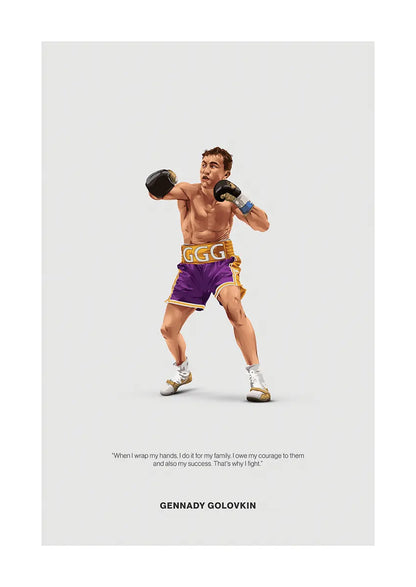 Gennady Golovkin boxing poster in purple and gold trunks with motivational quote