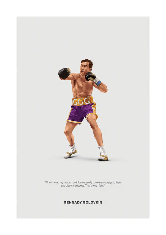 Gennady Golovkin boxing poster in purple and gold trunks with motivational quote
