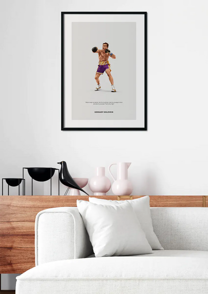 Boxing wall art featuring GGG and a quote about family and courage