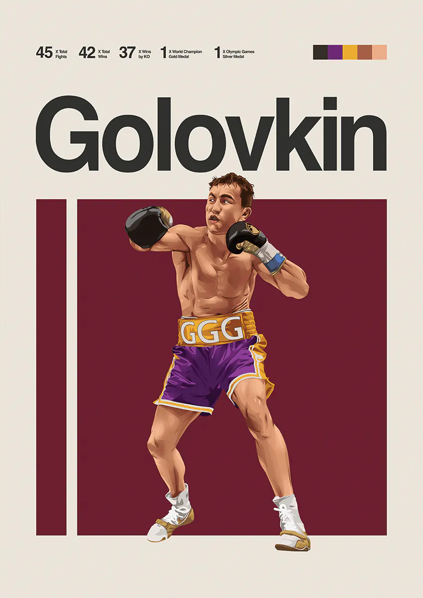 Gennady Golovkin poster with boxing stance in purple and gold trunks
