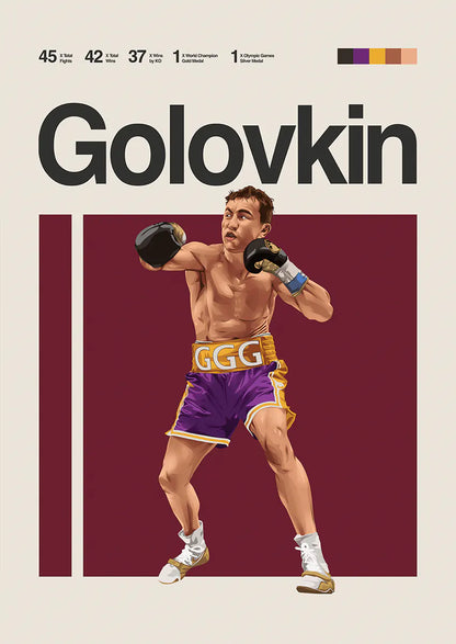 Gennady Golovkin poster with boxing stance in purple and gold trunks
