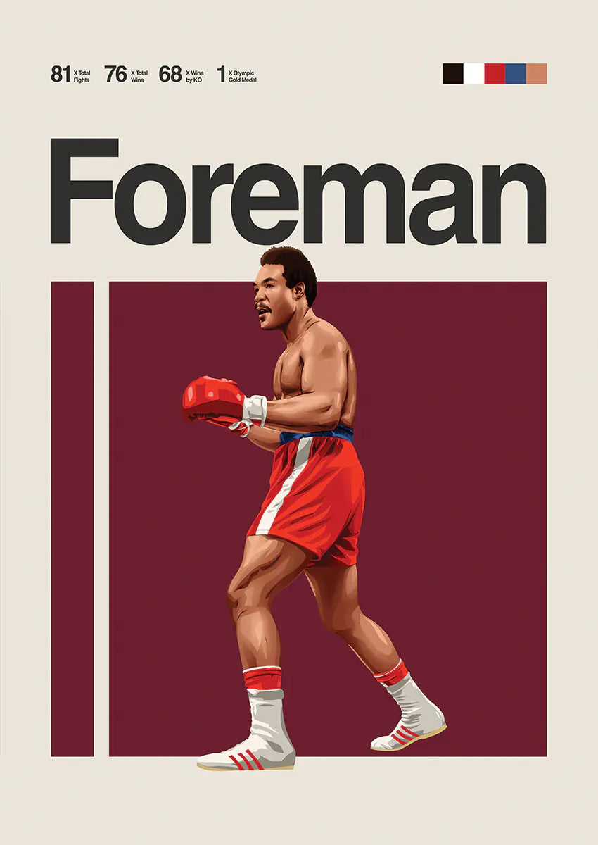 George Foreman poster with boxing stance in red gloves and shorts
