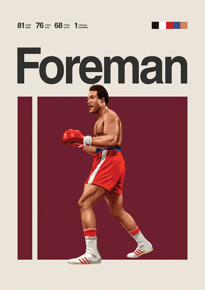 George Foreman poster with boxing stance in red gloves and shorts