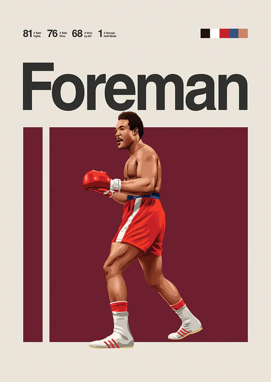 George Foreman poster with boxing stance in red gloves and shorts