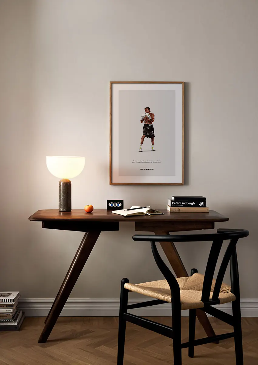 Boxing wall art of Gervonta Davis in black floral trunks and white gloves