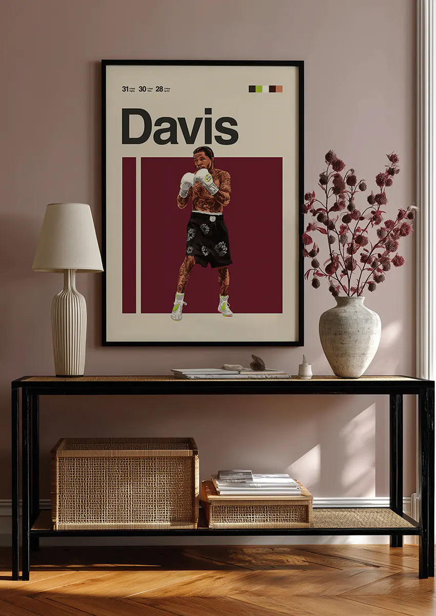 Boxing wall art of Gervonta Davis in white gloves and modern sneakers