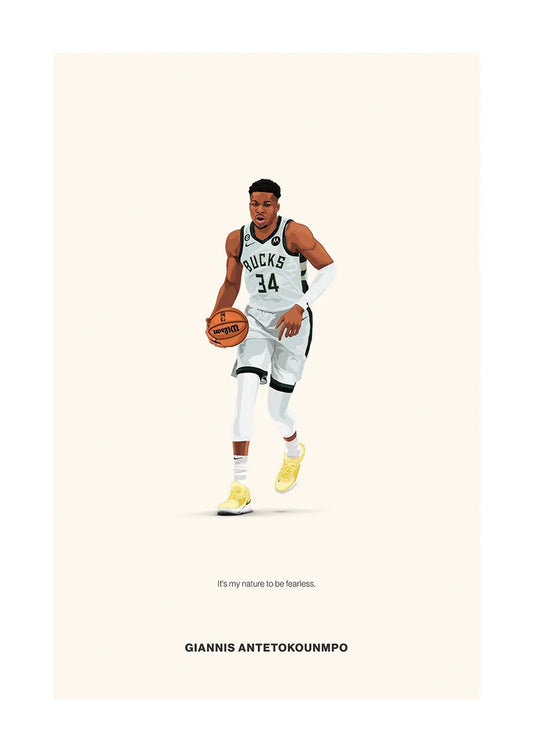 Giannis Antetokounmpo basketball poster with quote about fearlessness in Bucks jersey