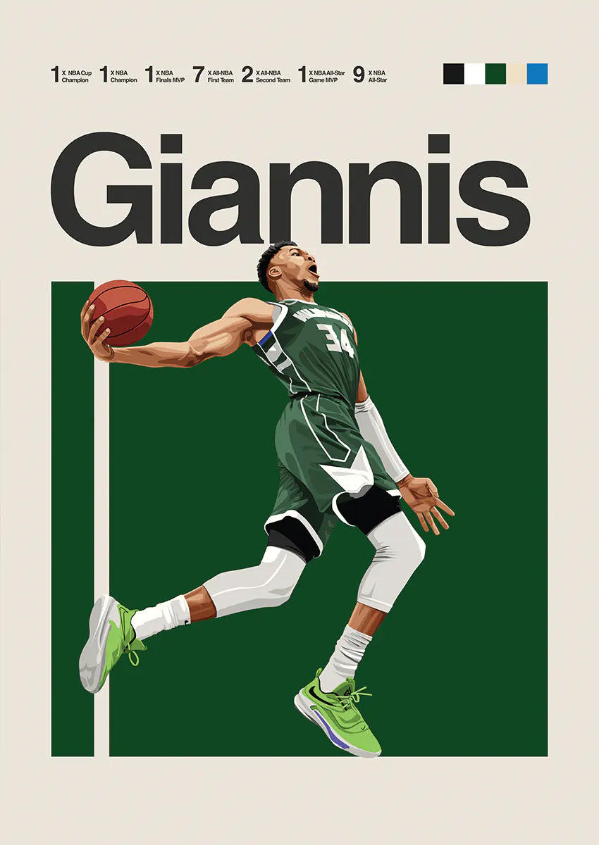 Giannis Antetokounmpo dunking poster in Milwaukee Bucks uniform