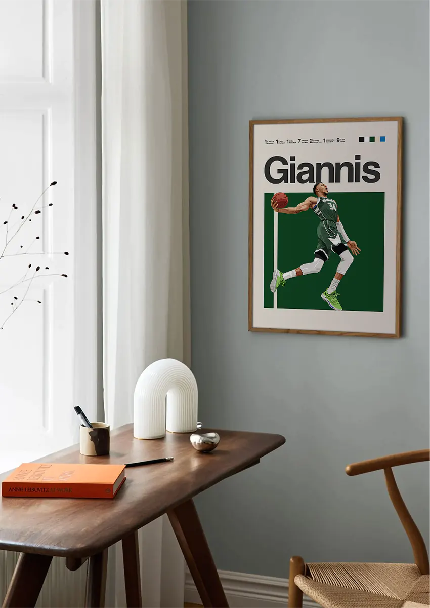 NBA poster featuring Giannis Antetokounmpo slam dunk