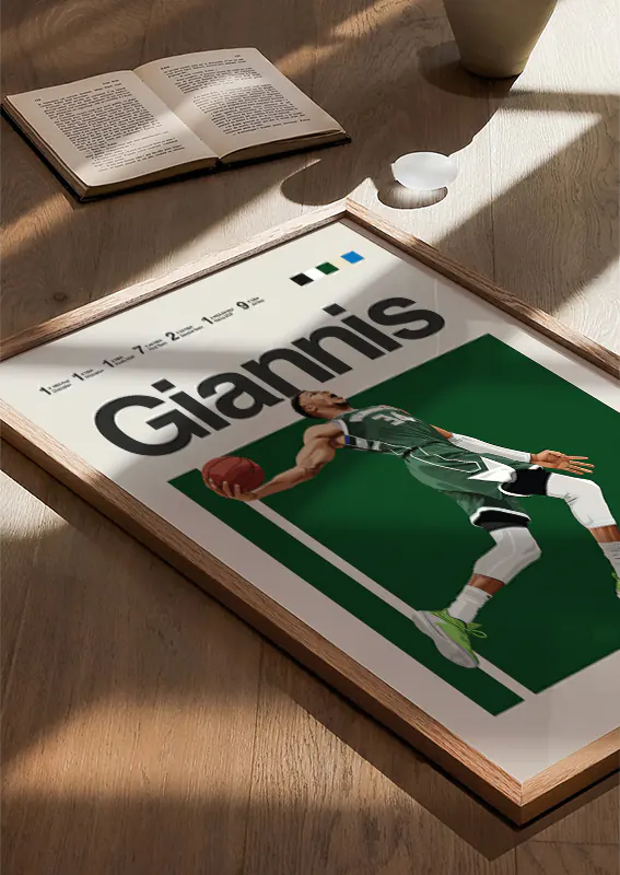 Basketball wall art of Giannis Antetokounmpo mid-air dunk
