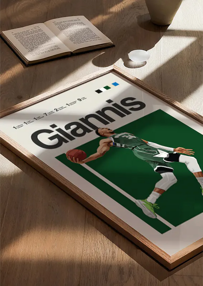 Basketball wall art of Giannis Antetokounmpo mid-air dunk