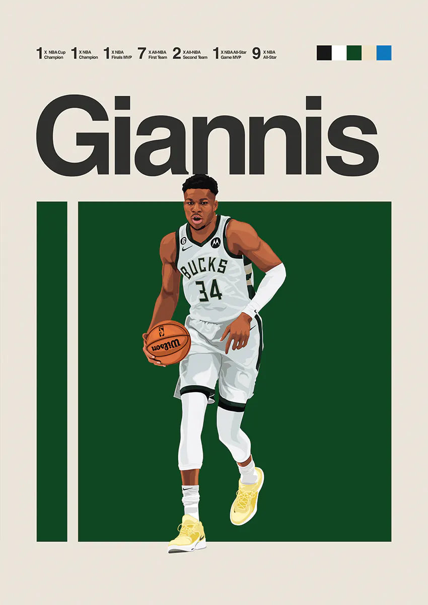 Giannis Antetokounmpo running poster in Milwaukee Bucks uniform