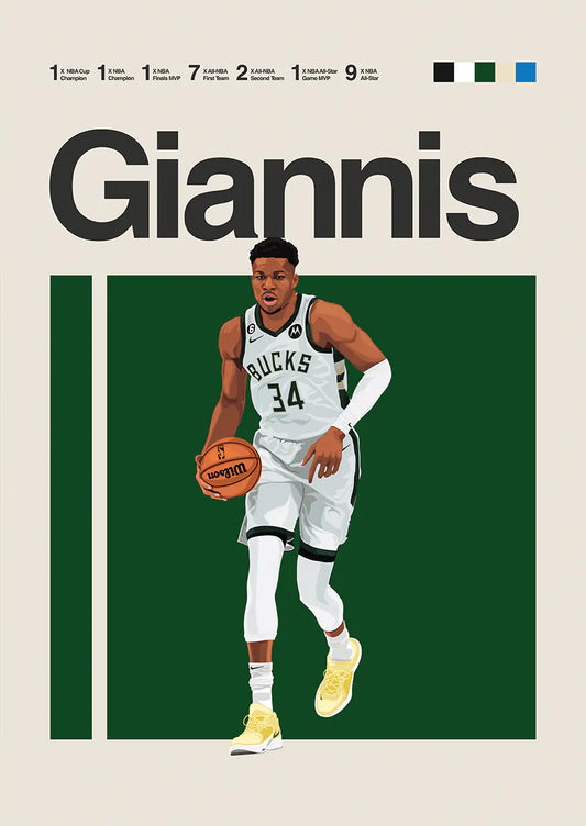 Giannis Antetokounmpo running poster in Milwaukee Bucks uniform